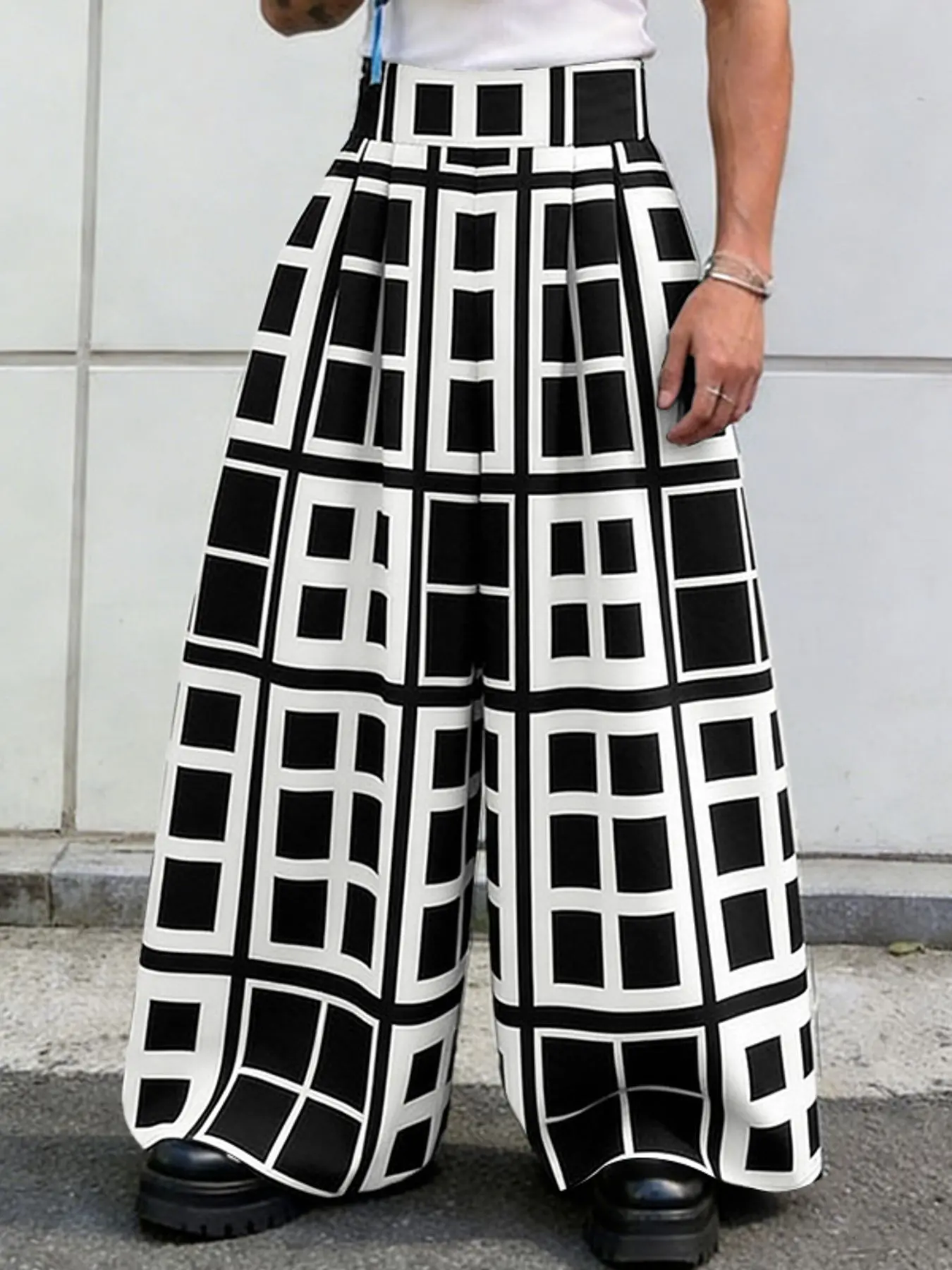 INCERUN Men's Casual Fashion Long Pants, High Waist Baggy Loose-Fit Trousers with Pockets, Spring & Fall Wear, Geometric Design, Unlined, Casual Streetwear Trousers