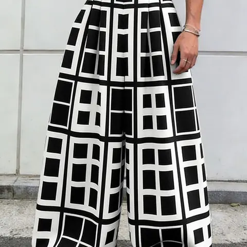 INCERUN Men's Casual Fashion Long Pants, High Waist Baggy Loose-Fit Trousers with Pockets, Spring & Fall Wear, Geometric Design, Unlined, Casual Streetwear Trousers, Casual Fit Bottoms
