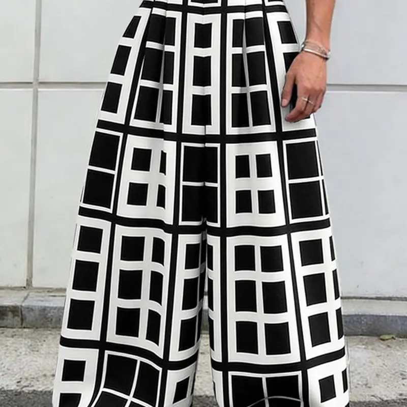 INCERUN Men's Casual Fashion Long Pants, High Waist Baggy Loose-Fit Trousers with Pockets, Spring & Fall Wear, Geometric Design, Unlined, Casual Streetwear Trousers, Casual Fit Bottoms