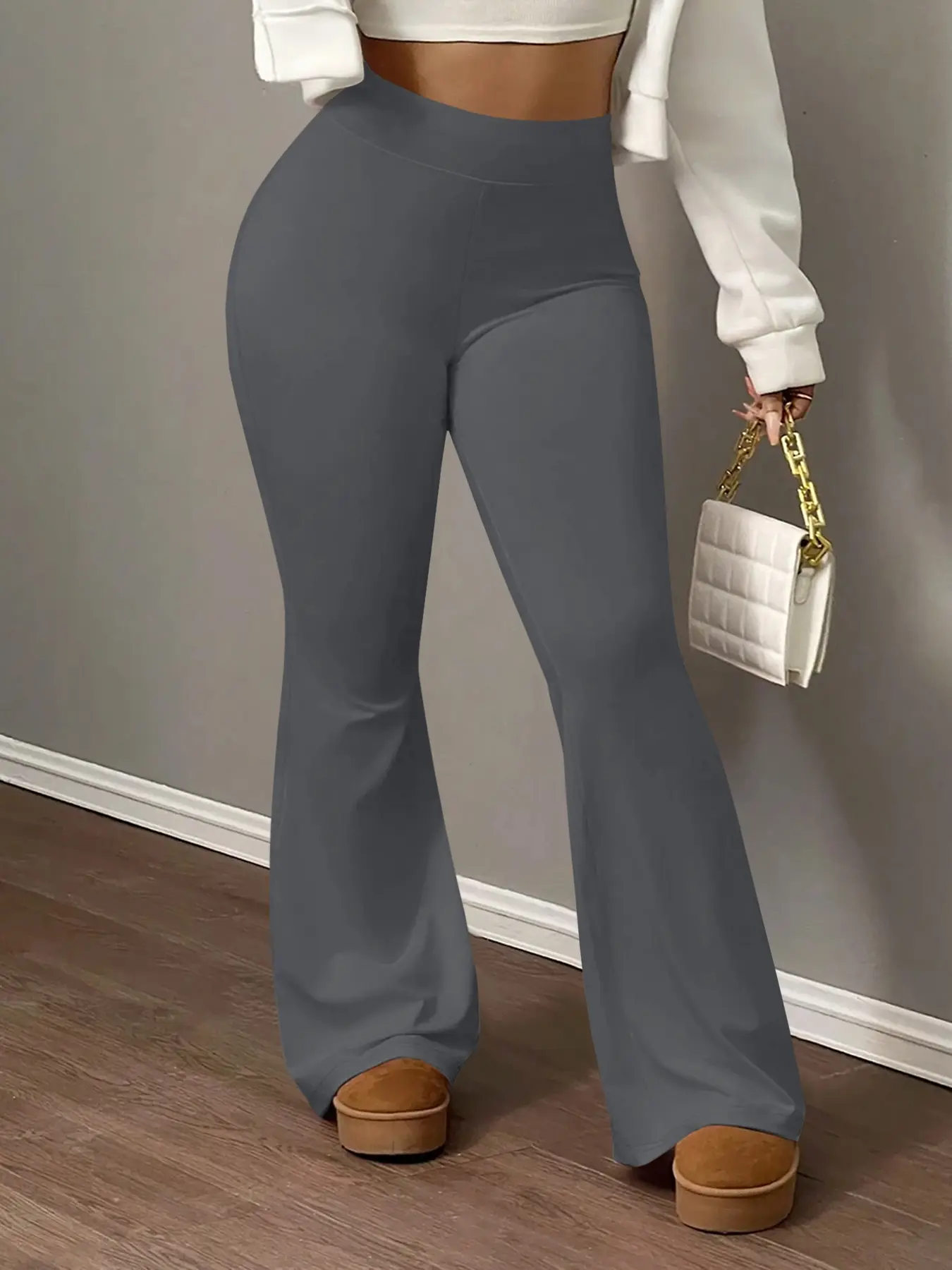 Pattern Print Women's Casual Streetwear Trousers Slim Fit Flare Pants, Long Regular Length, Elastic Waist, Plain Pattern, Spring Autumn Winter Home Wear, Casual Style Bottoms, Bottoms, Casual Fashion Trousers