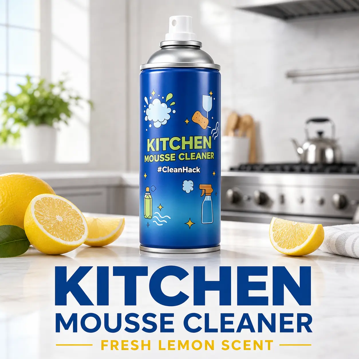 Foaming Kitchen Mousse Cleaner with Fresh Lemon Scent - Effective for Oven Interiors, Grill Grates, and Sinks