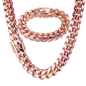 14 mm Rose Gold Cuban Chain Necklace, Titanium Steel/Stainless Steel, Men’s Hip Hop Style, European & American Design (Not a Set) Modern Versatile Accessories