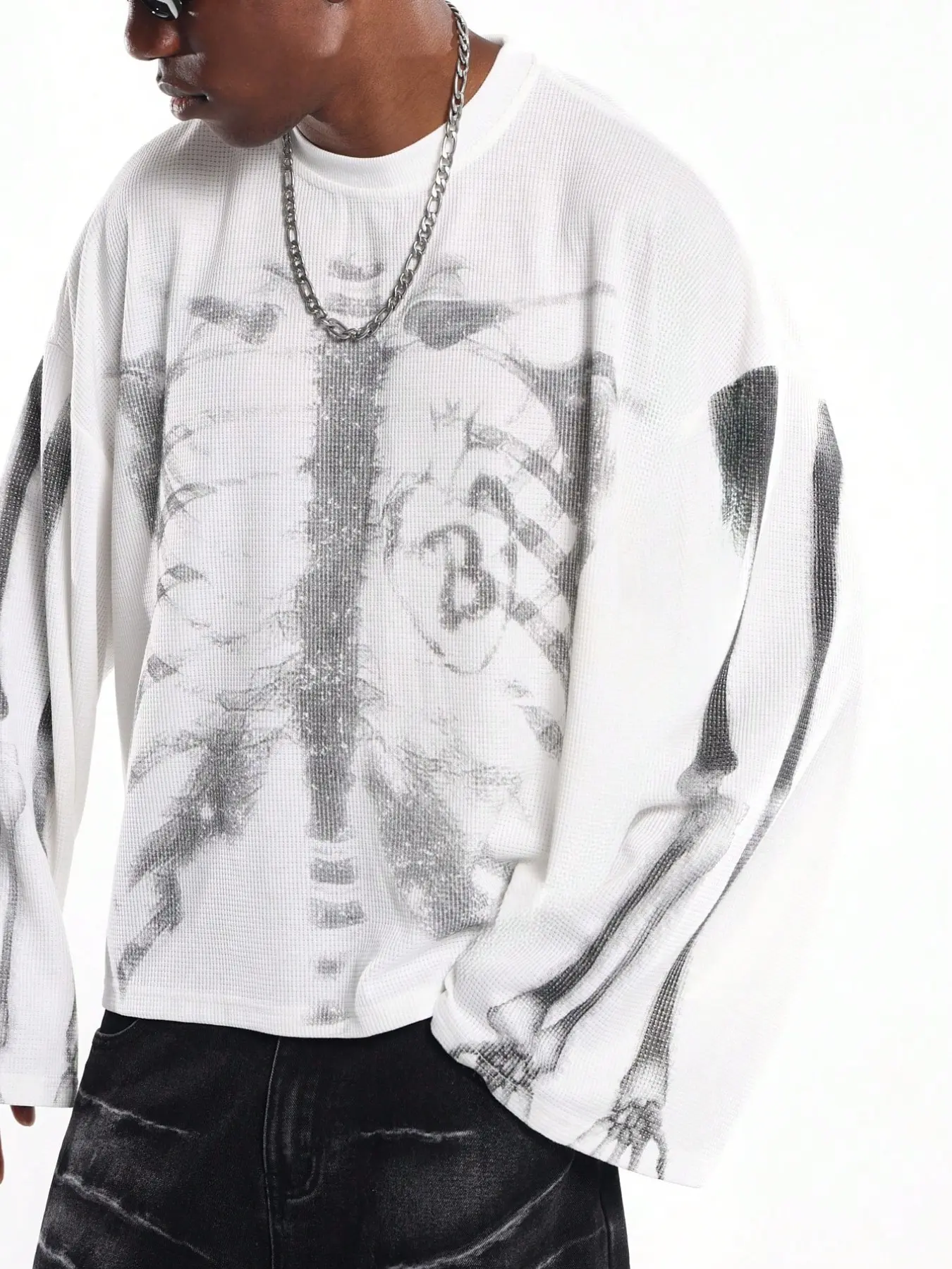 Men's Loose Waffle Print Long Sleeve T-Shirt, Soft Texture