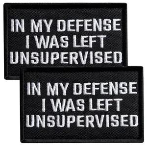 Bluyellow 2Pcs In My Defense I Was Left Unsupervised Patch Set, Embroidered Hook & Loop Funny Morale Patches for Tactical Backpack, Bulletproof Vest, Tactical Helmet, Dog Vest Harness, Black, 2x3 Inch