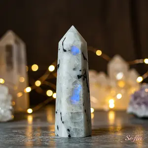 Natural Moonstone Gemstone Crystal Tower Single Point Wand Blue Stone Obelisk Mineral Specimen Home Desk Meditation Decoration