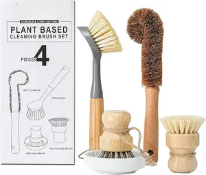 Dish Brush Bottle Scrub Brush 4- Set, with Ceramic Soap Dispenser - Wooden Washing Up Brushes with Sturdy Handles for Cleaning Dishes, Pots, Pans,  Kit