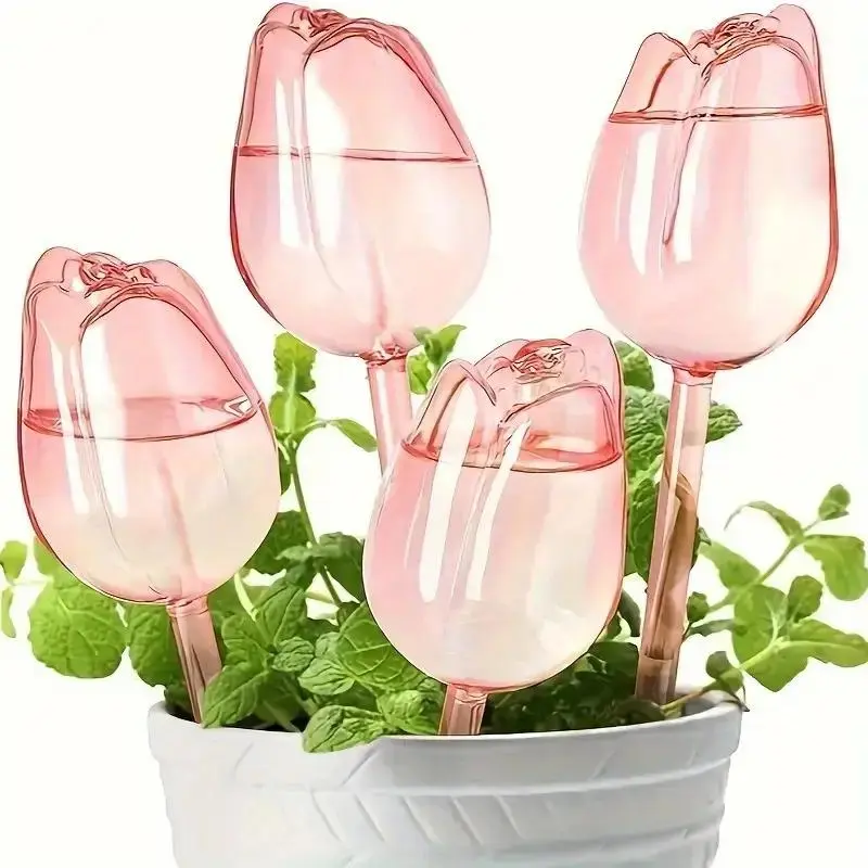 Self-Watering Tulip Bulbs Set, 4 Pack Transparent Plastic Globes, Indoor Outdoor Plant Watering, Automatic Plants Watering, Automatic Watering Devices, Automatic Watering System, 3-7 Days Cycle, Garden Care Gift