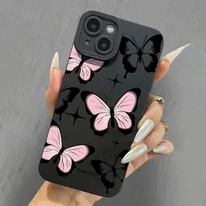 A Mobile Phone Protective Cover, Designed with Black Powder Butterfly and Atomized Surface, Aims to Prevent the Mobile Phone from Falling. It Is Compatible with iPhone Series, Including iPhone 16/15/14/13/12/11/S Series
