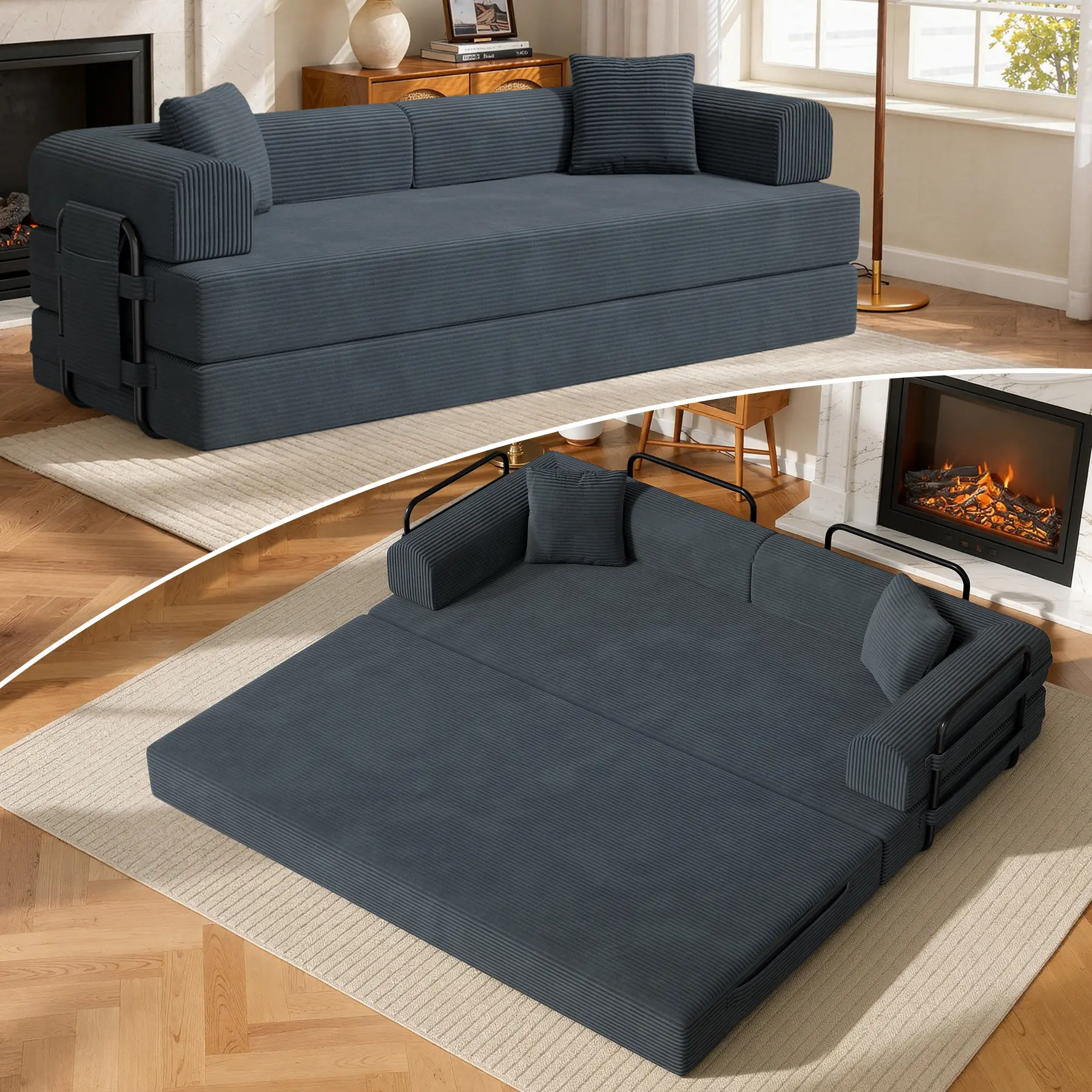 Convertible floor sofa bed, fixed frame, floor sofa recliner, foldable mattress, includes pillows. Suitable for apartments, living rooms, bedrooms.