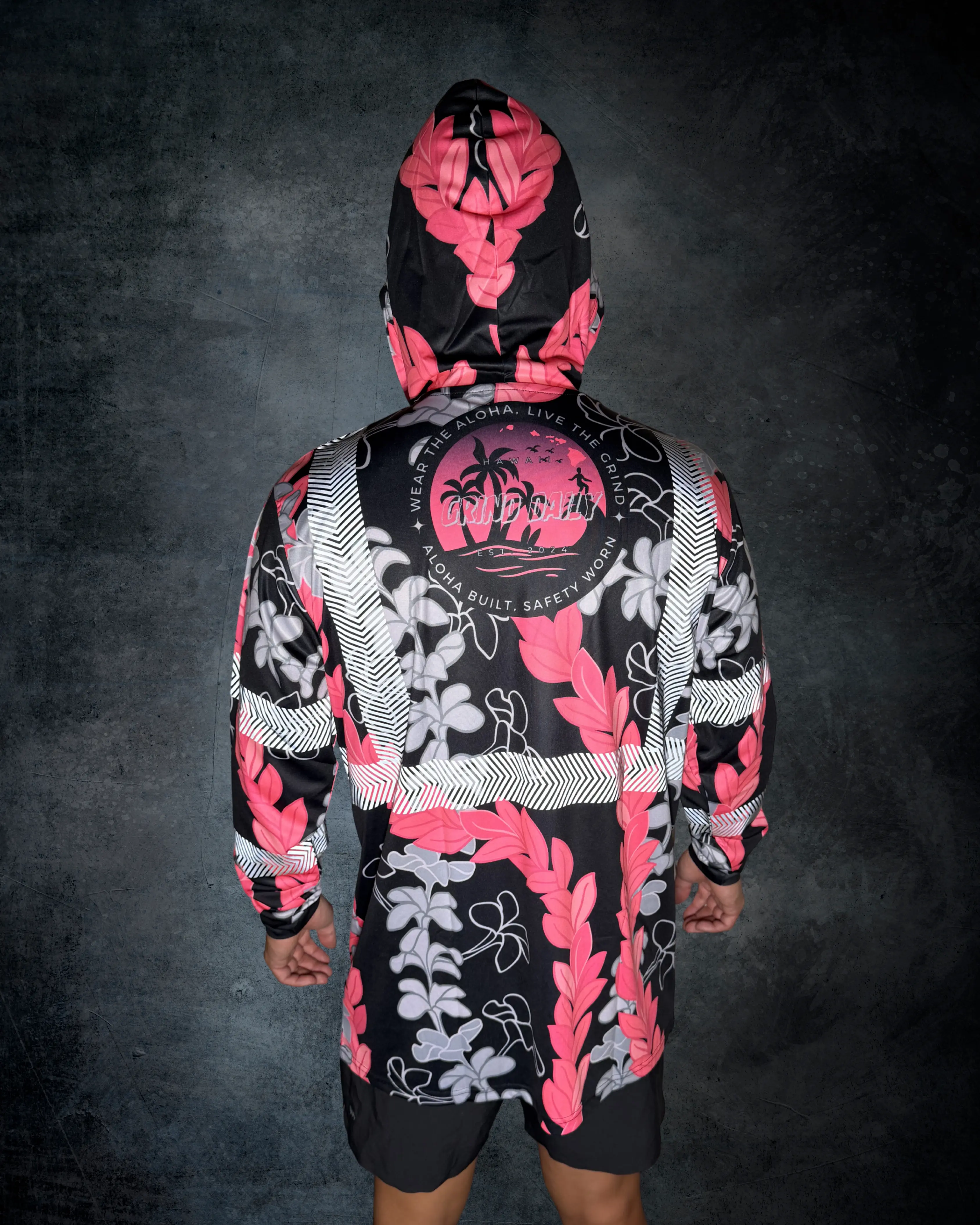Plumeria & Maile Lei Reflective Hoodie - Black/Pink