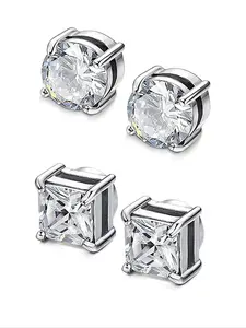 Magnetic Studs Earrings for Men & Women, 2 Pairs (Round & Square CZ) No Piercing Fake Earrings. Sparkling crystal design, strong magnetic closure, perfect for daily wear, parties and concerts.Great for edgy street style, punk or goth looks. Ear Jewelry