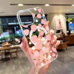 Strawberry Flower Transparent Magnetic Phone Case, Wireless Charging Support, Tpu Material, Fits iPhone Models, Perfect Gift