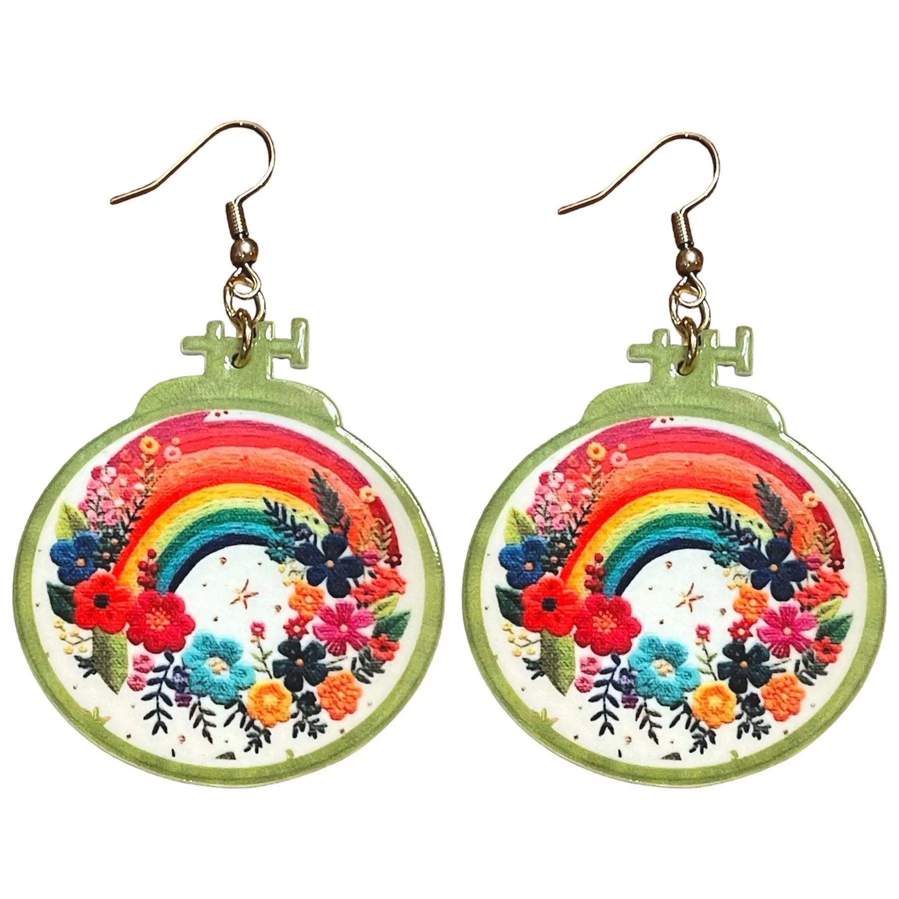 70s Rainbow Flower Embroidery Hoop Earrings