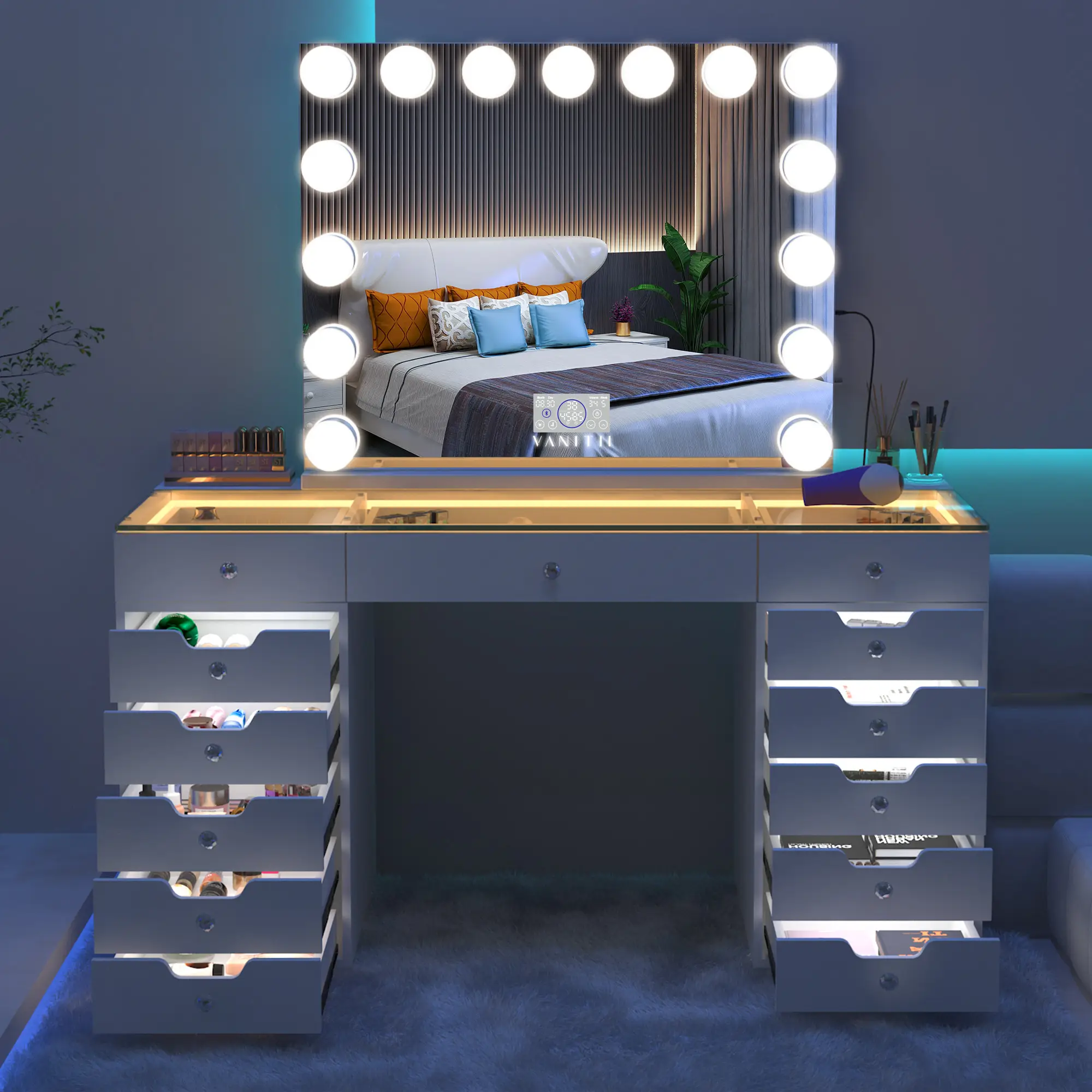 VANITII 13 Drawers Makeup Vanity Desk Dressering Table With Lights 14/15 Bluetooth Mirror for Bedroom White