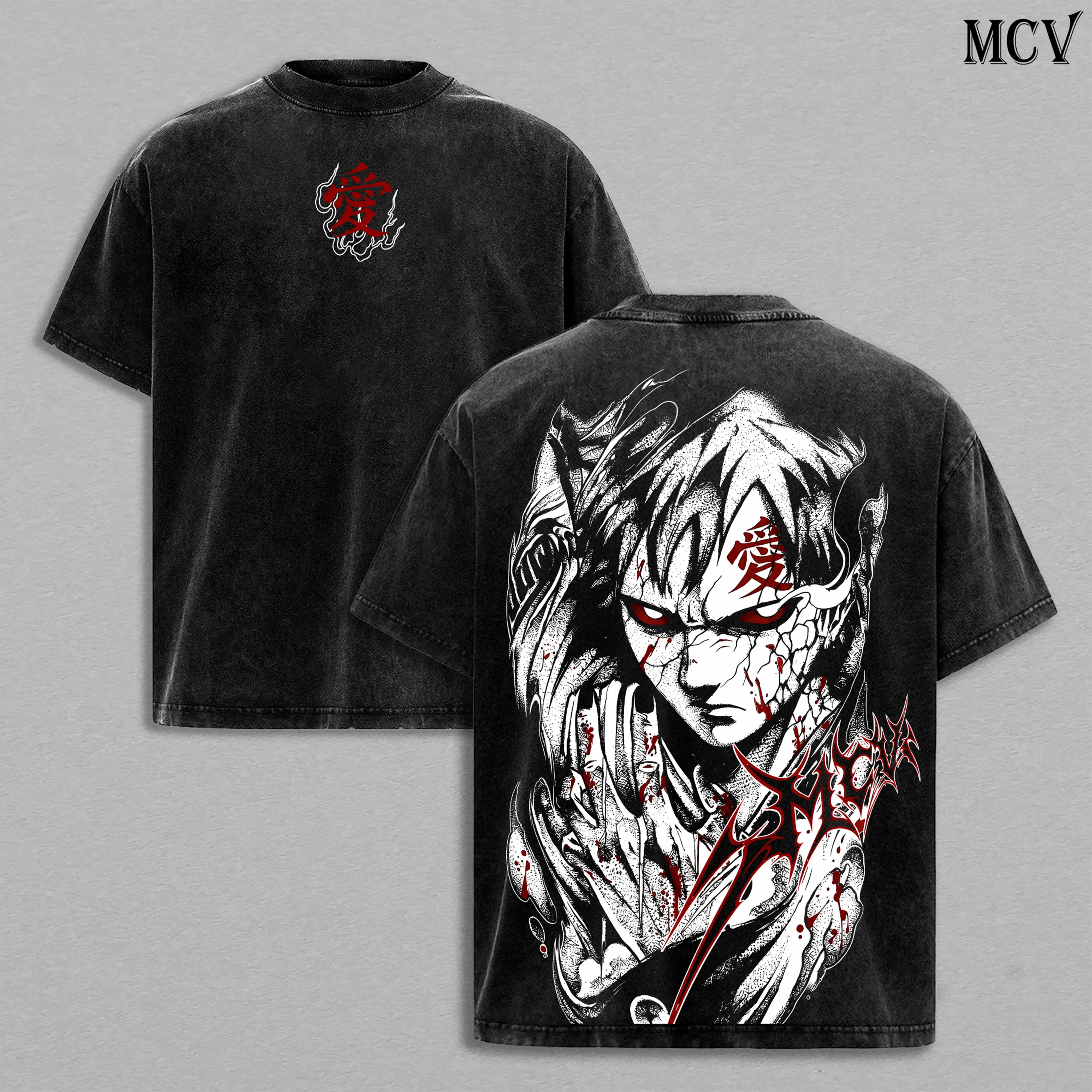 Gaara - Naruto Anime Double Printed Vintage Washed Tee Unisex Oversize Anime Manga Washed Heavyweight Cotton T-shirt, Gift For Anime Fan