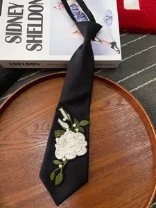 Elegant Long Floral Embroidered Tie with Embroidered Rose Pearl Decor, French Vintage Satin Polyester Material, 34cm, Perfect for Weddings and Evening Events, Floral Embroidery Tie