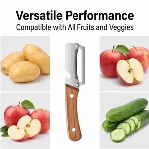 Multi Functional Vegetable Peeler with Bottle Opener and Wooden Handle Stainless Steel Blade Kitchen Tool for Sugar Cane Potato Fruit Pineapple Pumpkin Papaya Carrot Veggie Peeler