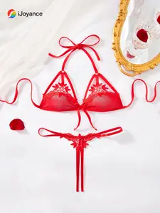 Women's Red Floral Lace Bralette & Thong Set – Sheer Mesh with Satin Tie Straps
