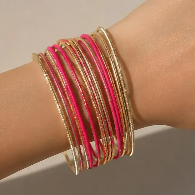 Candy Color Collection Brand New Pink & Purple Metal Bangles Set with Golden Details, Fashion Costume Jewelry Bracelet Accessory