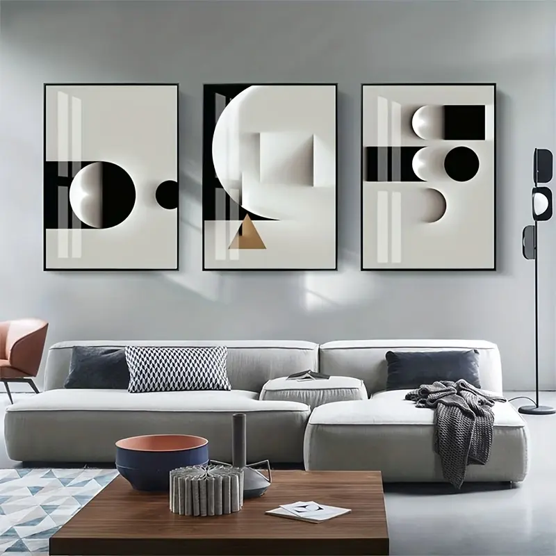 3pcs Frameless Black & White Abstract Geometric Canvas Art Prints - Artistic Photo Wall Decor, Eco-Friendly Fade-Proof Cotton Artwork, Modern Nordic Living Room Home Inspo (No Frame Included)