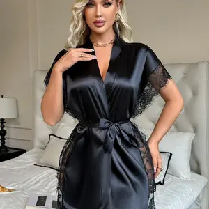 Women's Satin Loungewear Robe, Lady's Eyelash Lace Kimono with Side Split, Sexy Sleepwear