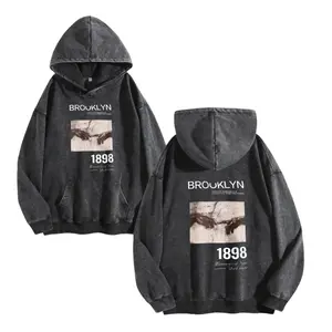 Make vintage long sleeved hooded sweatshirt Brooklyn 1898 Bird Unisex Washed Hoodie Front & Back Print Trendy men's tops
