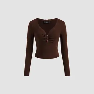 Cider [3 colors, size 0-26] Cotton-blend V-neck Solid Lace Trim Button Ruched Long Sleeve Top
