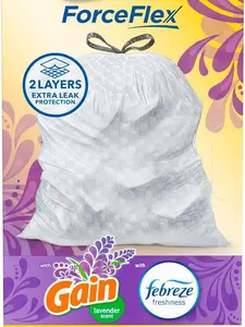 Trash Bags, ForceFlex Tall Drawstring Garbage Bags, 13 Gallon White Trash Bags for Tall Kitchen Trash Can, Mediterranean Lavender with Febreze Freshness to Eliminate Odors, 40 Count