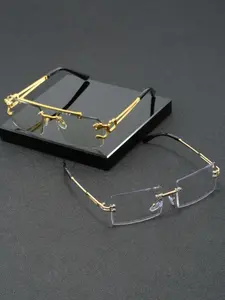 2pcs Men's Metal Rectangular Frameless Leopard Head Temple Decor, High-End Vintage Fashion Sunglasses, Stylish Plain Glasses, Rimless Sunglasses, Vintage Rectangle Shades