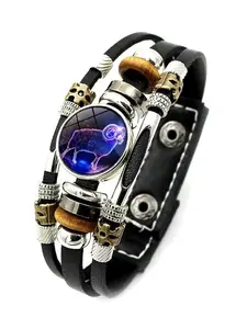 12 Constellation Leather Bracelet Zodiac Sign Glass Snap Button Bracelets For Men Women Bracelet Jewelry