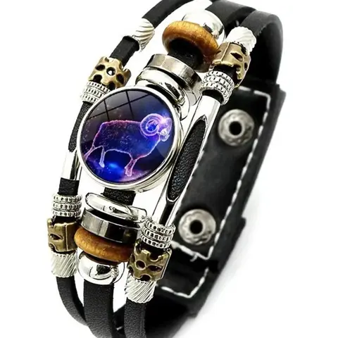 12 Constellation Leather Bracelet Astrology Bracelet Zodiac Sign Glass Snap Button Bracelets For Men Women