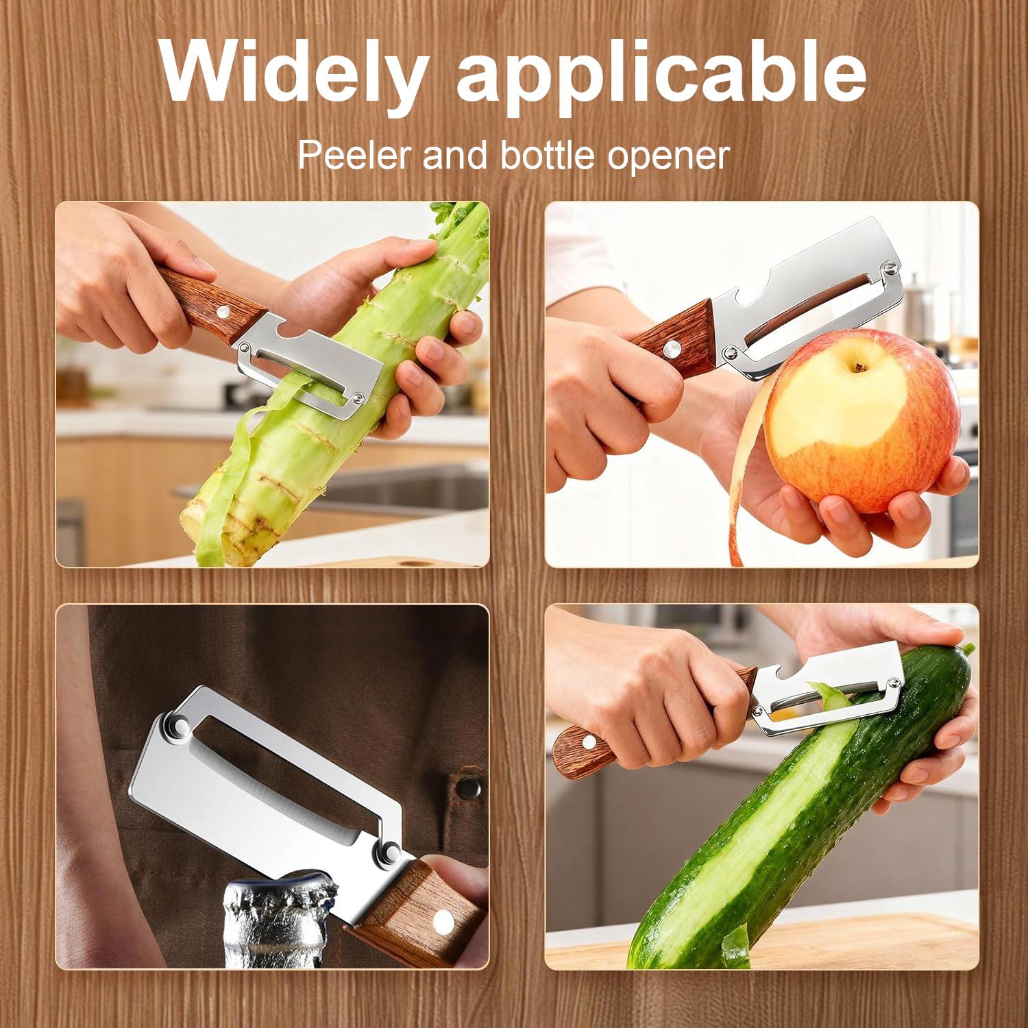 2-in-1 Stainless Steel Fruit & Veggie Peeler with Bottle Opener, Wooden Handle Non-Slip Ergonomic Grip, Sharp Durable Peeler for Kitchen Vegetable Fruit Peeling