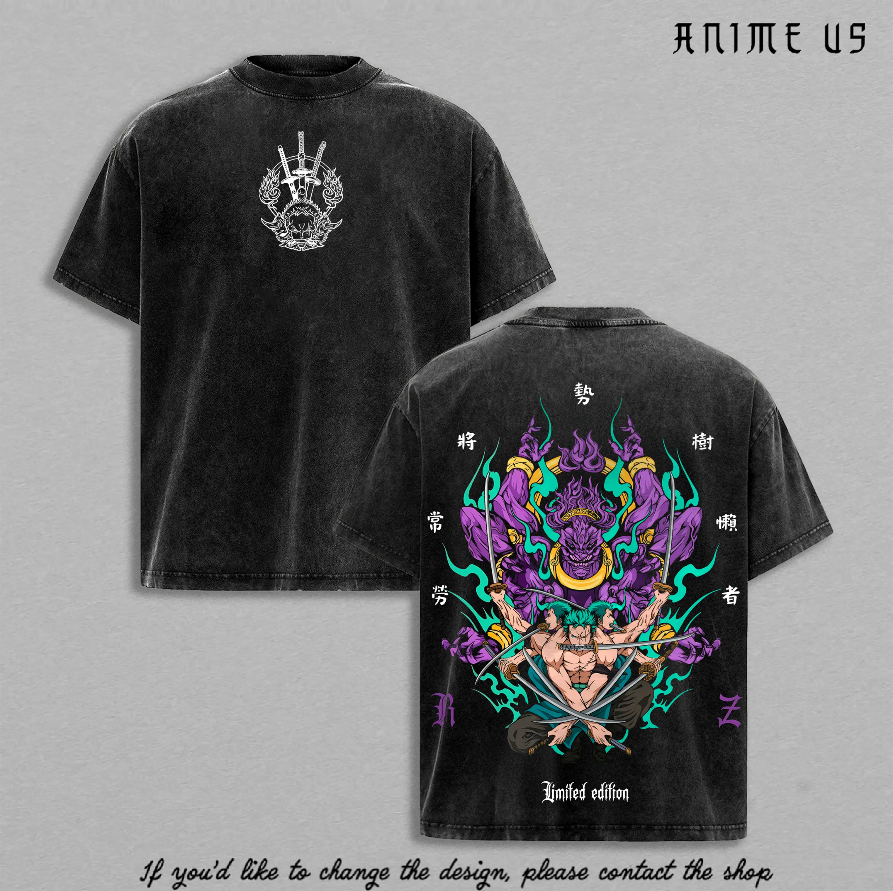 Roronoa Zoro Asura King of Hell Shirt One Piece Anime Vintage Washed Oversized Tee Three Sword Style Santoryu Demon Aura Warrior Graphic Back Streetwear