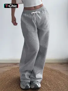 Loose-Fit High-Waisted Joggers, Drawstring Streetwear Wide-Leg Pants, Soft Fleece Straight Leg Casual Home Wear, Wide Leg Sweatpants