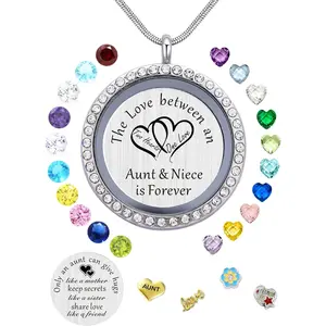 Best Gifts for Niece Aunt Floating Living Memory Locket Necklace Pendant with Charm & Birthstone for Women