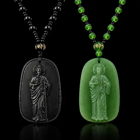 HOLDNEAR Men's Sacred Heart of Jesus Necklace, Beaded Religious Pendant, Vintage Carved Christian Jewelry, Catholic Prayer Necklace with Black & Green Stone Beads, Faith Inspired Spiritual Gift for Men