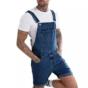 Men's Denim Overalls Shorts Jean Bib Jumpsuit Casual Walkshort Summer Romper with Pockets