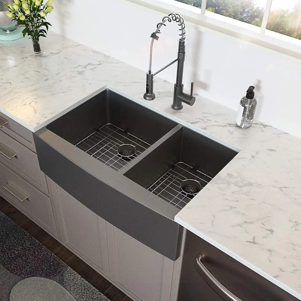 33 Farm Sink Double Bowl - Lordear 33 Inch Matte Black Farmhouse Kitchen Sink Double Bowl 60/40 Apron Front Gunmetal Black Stainless Steel Divide Farm Sink Basin