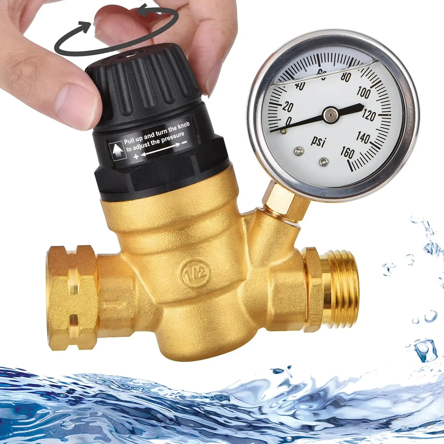 Lead-Free Brass RV Water Pressure Regulator Valve - Universal Fit, Adjustable Knob, Gauges, Silicone Oil Gauge for Convenient Monitoring, Dual Filters, 0-160 PSI, 3/4" Connector, Durable for Campers, Travel Trailers