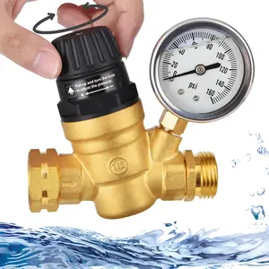RV Water Pressure Regulator Valve with Handle Adjustable, Silicone Oil Gauge, Double Filters,Made of Leadless Brass,0-160 PSI Gauge,3/4" Connector for Camper Travel Trailer Water Pressure Control