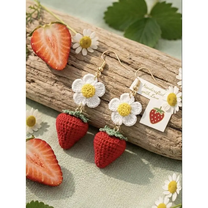 Strawberry Earring with Daisy Flower Micro Crochet Handcrafted with Love