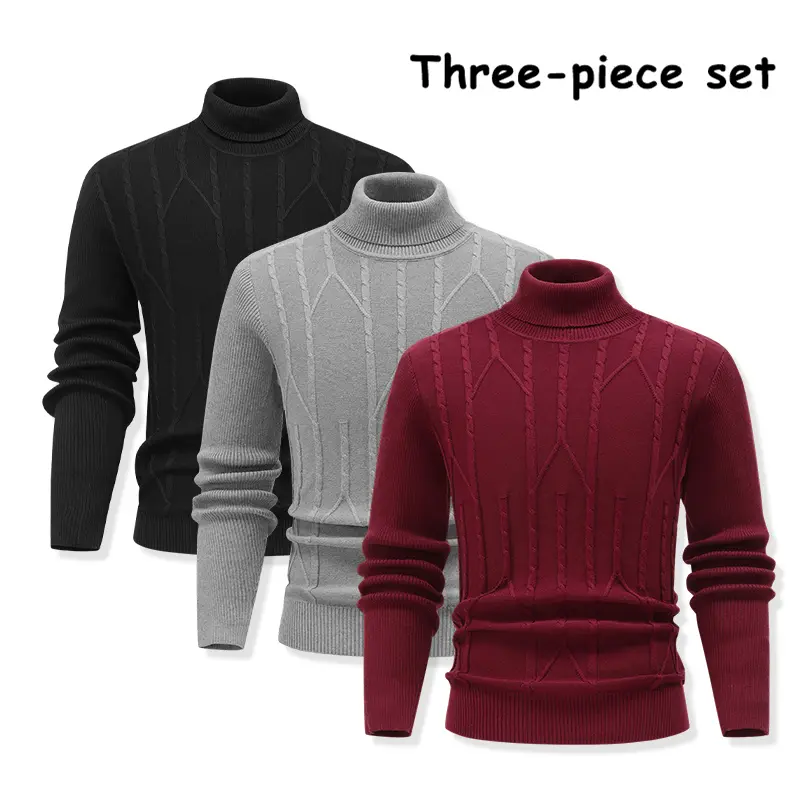 3-Pack Men’s Turtleneck Knitted Sweaters, Twisted Texture High-Neck Pullovers, Soft Stretch Long-Sleeve Knitwear for Casual & Business Looks