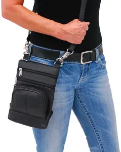 Jamin Leather® Black Cowhide Leather Side Purse Thigh Bag & Hip Clip Pouch TB830K with Durable Shoulder Strap and Zipper Fanny Pack Features