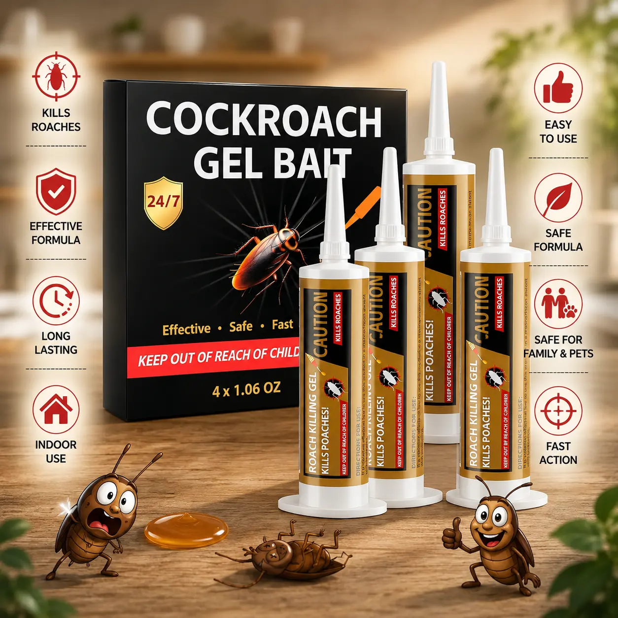 Citronella Cockroach Gel Bait (4-Pack, 30g Each) - Home Kitchen Indoor Pest Control, Effective for Hard-to-Reach Areas