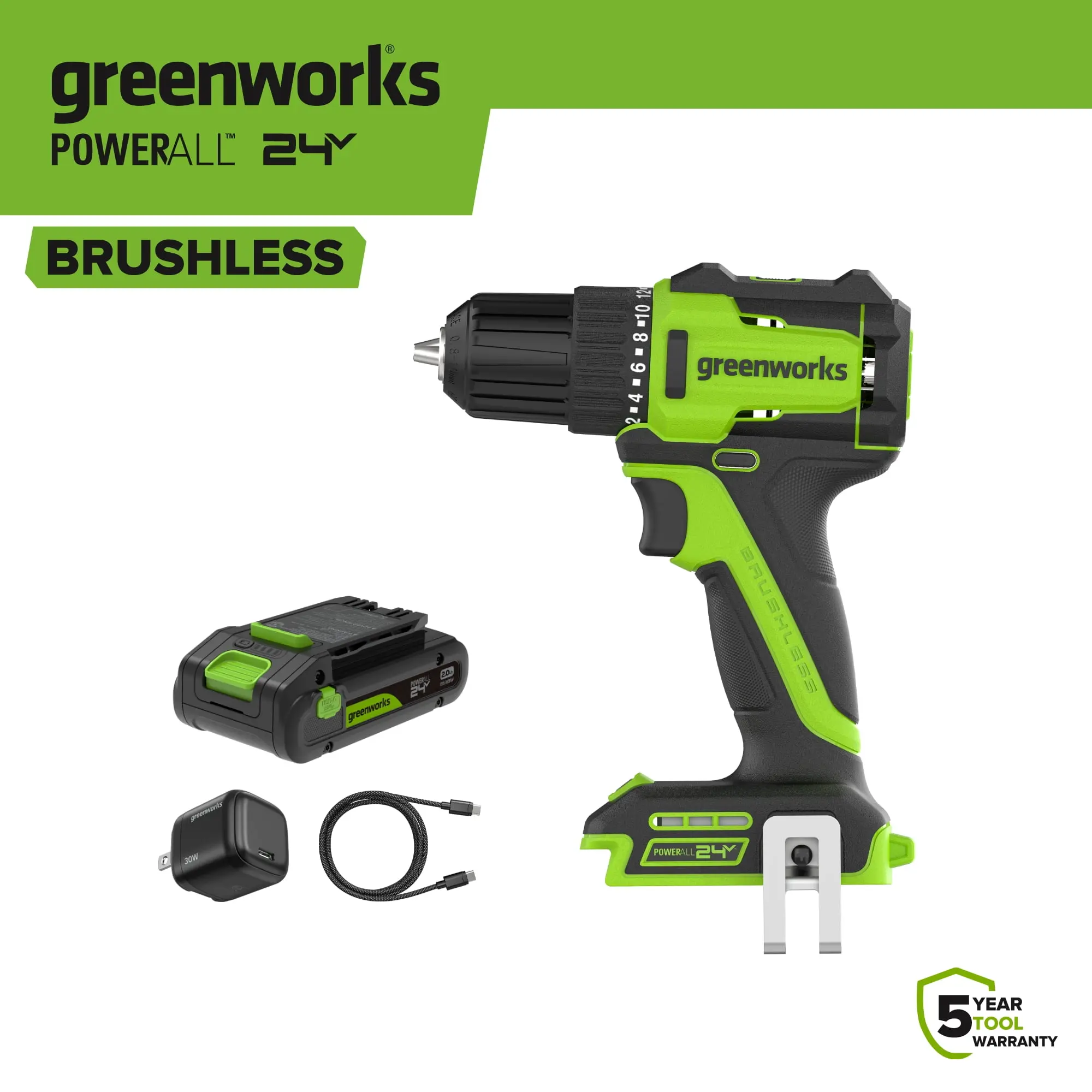 Greenworks 24V Brushless 3/8" Drill Driver with USB-C Battery, PowerAll Greenworks 24V Brushless 3/8" Drill Driver with USB-C Battery, PowerAll
