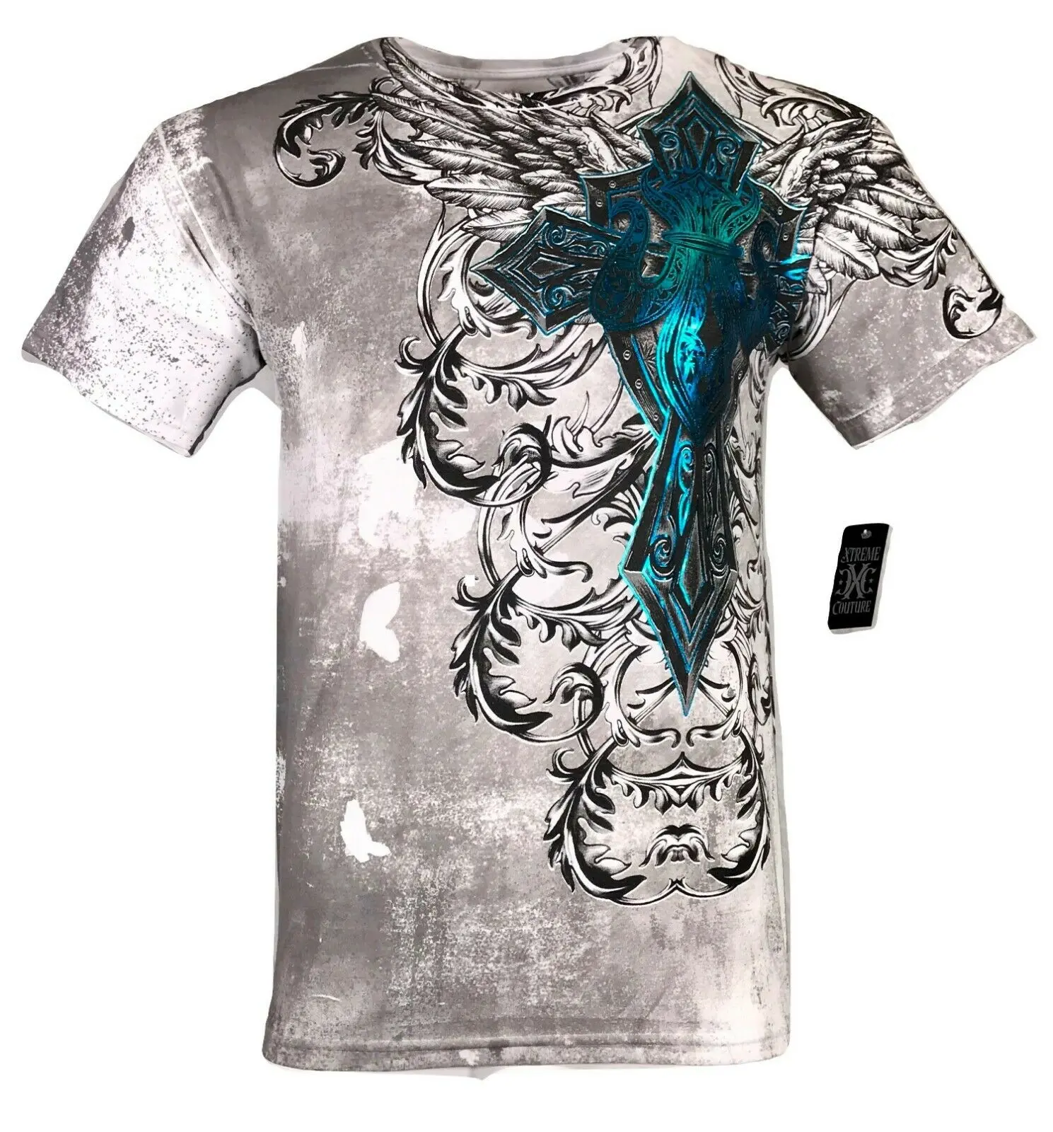 Xtreme Couture by Affliction Men's Fitted Gothic Crew Neck Cotton Graphic Short-Sleeve T-Shirt - Bastille Mass Biker MMA Streetwear Casual Tops, White