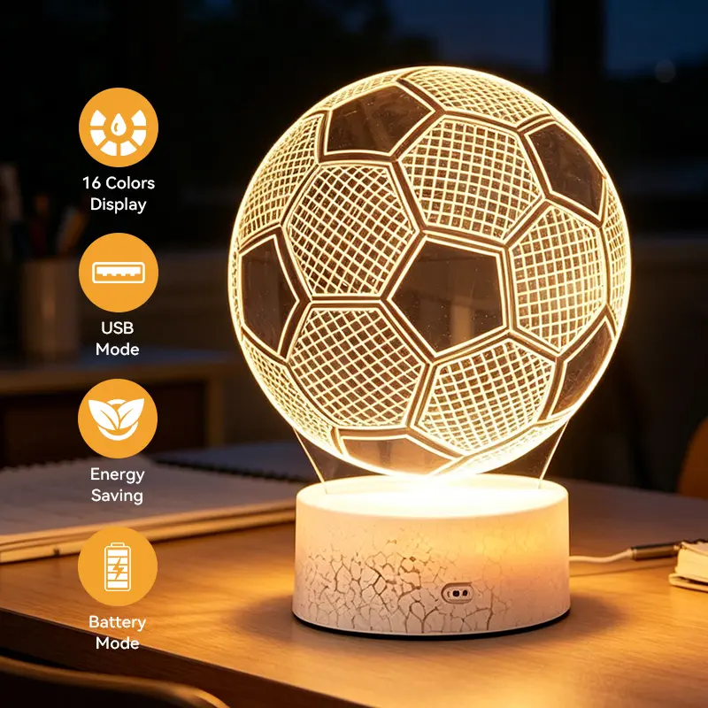 Qawtor Soccer 3D Illusion Night Light, LED Desk Lamp with Remote & Touch Control, USB Powered Football Lamp for Kids Bedroom, Home Decor, Birthday and Holiday Gift