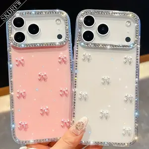 Luxury Rhinestone Border with 3D Small Bow Phone Case for iPhone 17, 17 Air, 17 Pro,, 17 Promax 16/16 pro /prommax 15/ ,15pro , promax 14/14Pro ,Prom ax 1313 pros 13, Glamorous Case, Elegant Design, Highquality Rhinest Protective Cellphone