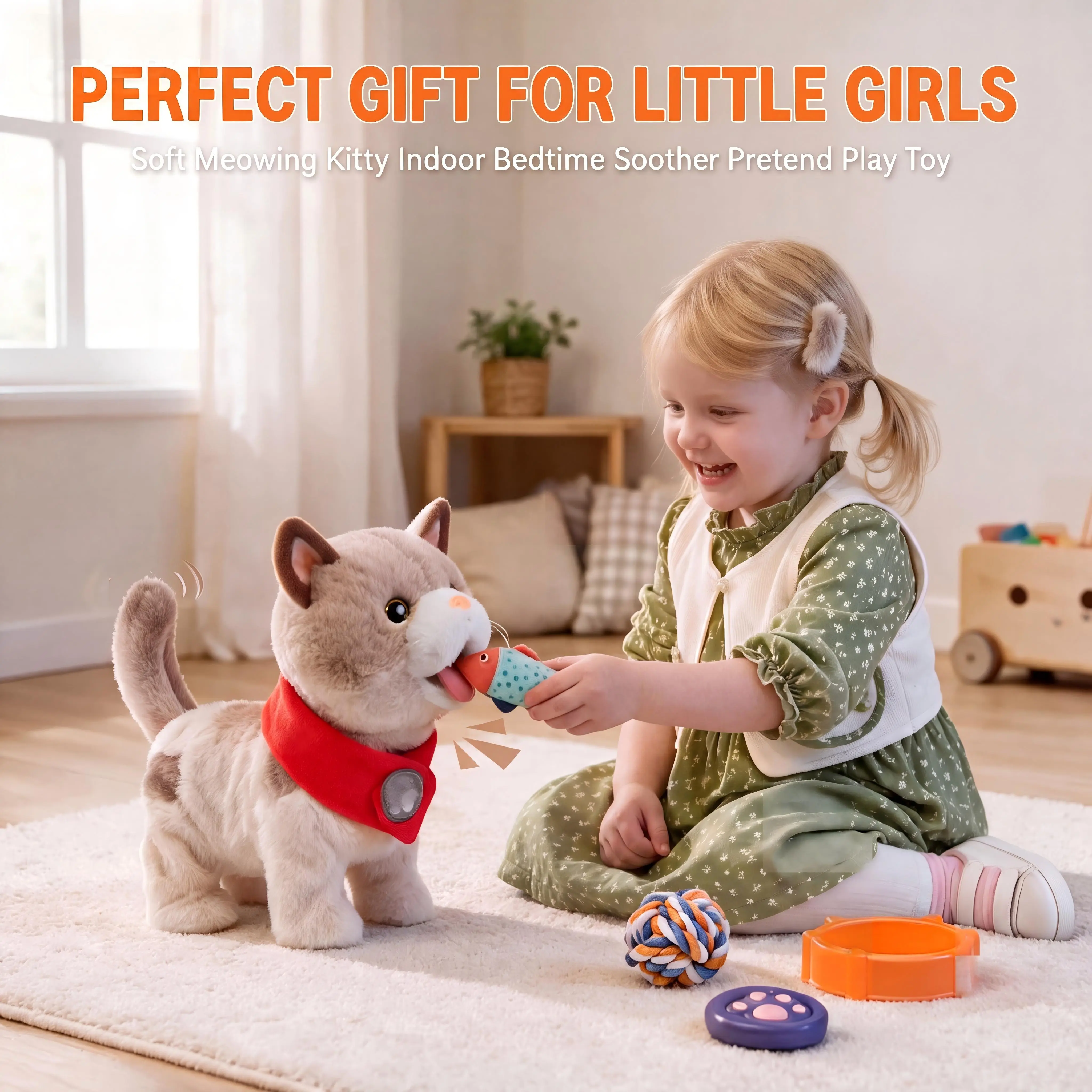 TUMAMA Interactive Walking Plush Cat Toy, Remote Control Kitty with Fish Bowl Toy Set, Soft Stuffed Animal Gift for Girls