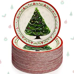 100 count 7 Inch Christmas Paper Plates Bulk Christmas Party Plates Disposable for Xmas Holiday Party Supplies Dishware(Xmas Tree)